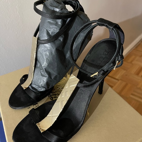 Black Satin with Gold signature hardware sandal heel - Picture 8 of 15